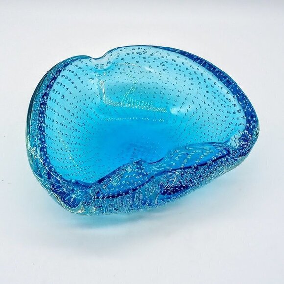 Murano Blue Controlled Bubble Glass Ashtray - Picture 4 of 6